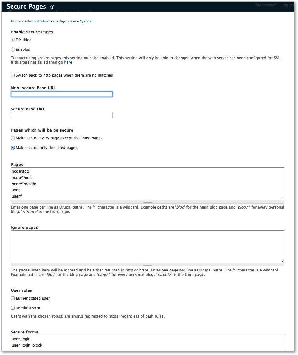 Screenshot of Drupal Secure Pages module configuration