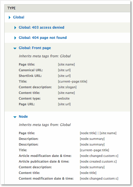 Default settings for Drupal Metatag module