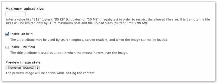 Figure 2- Screen shot showing how to enable the Alt tag on the Drupal Article content type