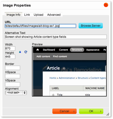 Figure 5- Screen shot showing setting the title tag for inline images using CKEditor