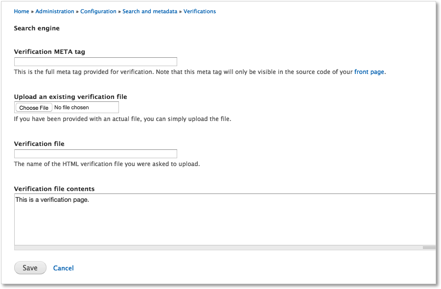 Drupal Site Verification module configuration screen