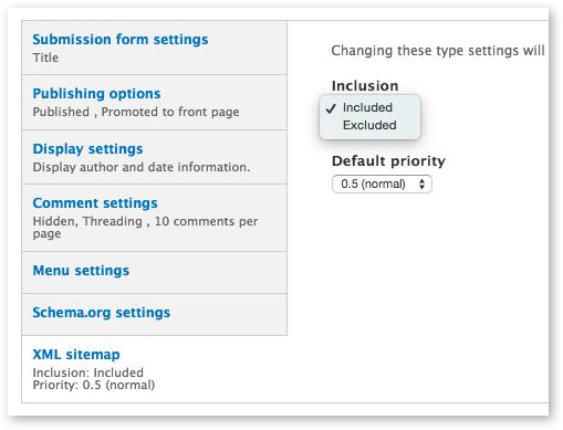 Drupal configuration screen to include content in an XML Sitemap