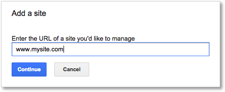 Add a site dialog box on Google Webmaster Tools