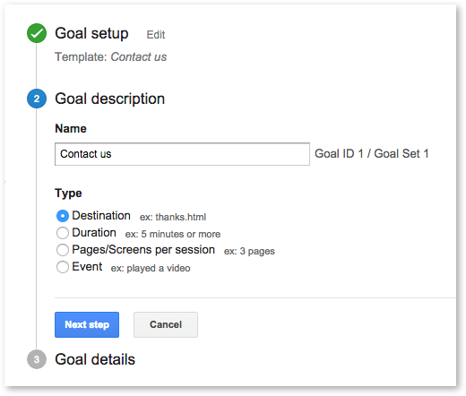 Step 2 of configuring a goal in Google Analytics